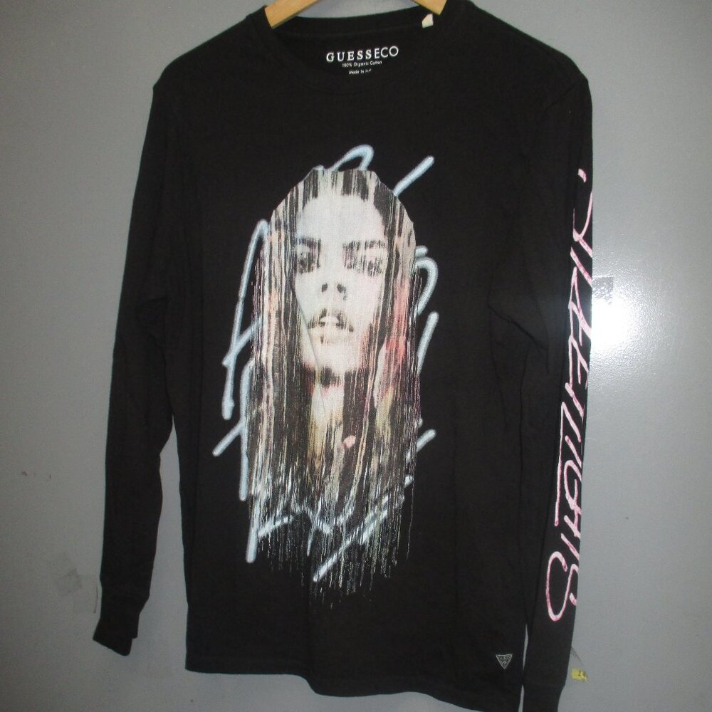 GUESS ECO Shirt Size XS Black With Graphics Long Sleeve 100% Organic Cotton